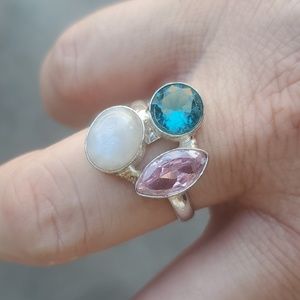 New Rainbow Moonstone, Apatite & Pink Topaz Adjustable 925 Silver Ring.